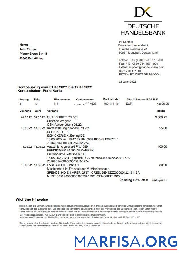 Blank Germany Handelsbank statement on Deutsch example